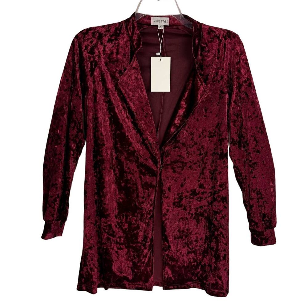 NWT IN THE STYLE | Burgundy Crushed Velvet Single‎ Breasted Blazer | Women's 6